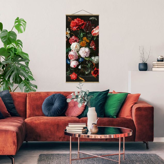 Stoffbild mit Posterleisten - Jan Davidsz de Heem - Stillleben mit Blumen in einer Glasvase - Hochformat 1:2