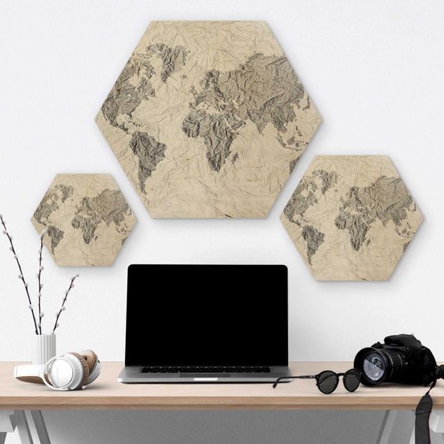 Hexagon Bild Holz - Papier Weltkarte Weiß Grau