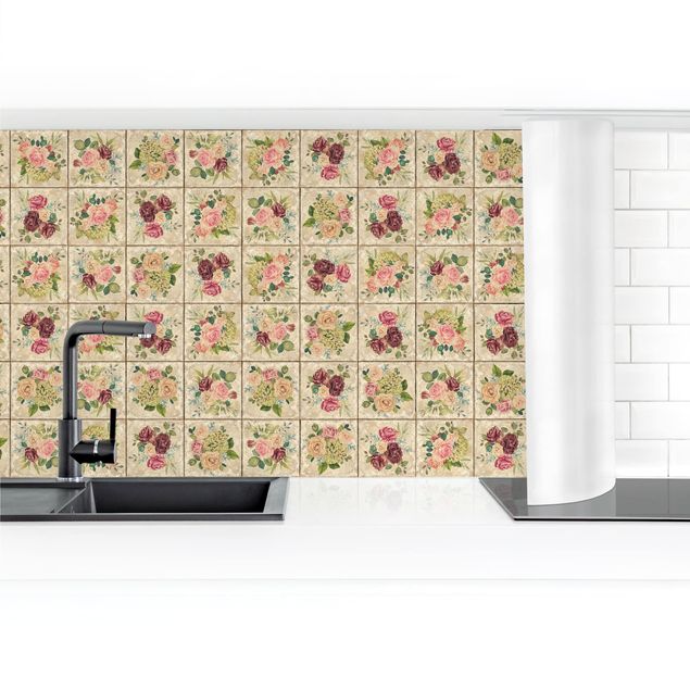Küchenrückwand selbstklebend Vintage Rosen und Hortensien