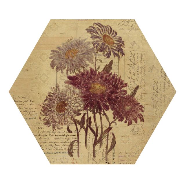 Hexagon Bild Holz - Vintage Blumen mit Handschrift