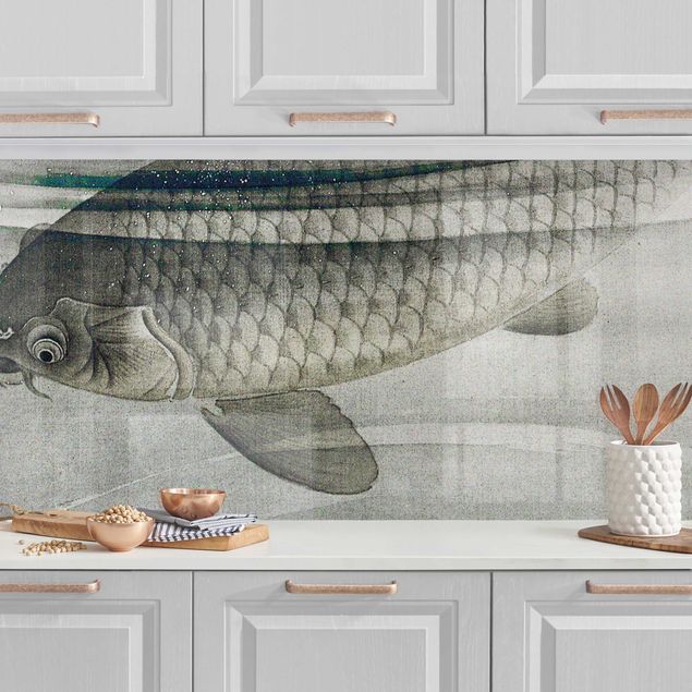 Platte Küchenrückwand Vintage Illustration Asiatische Fische III