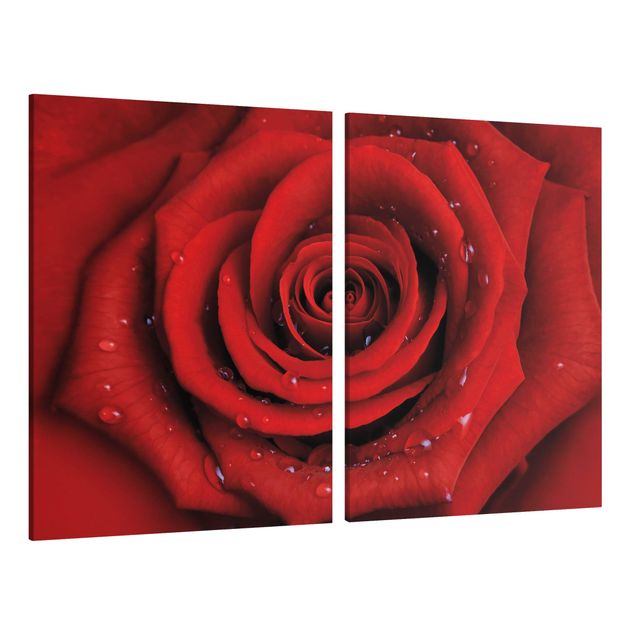 Leinwandbild 2-teilig - Rote Rose mit Wassertropfen - Hoch 3:4