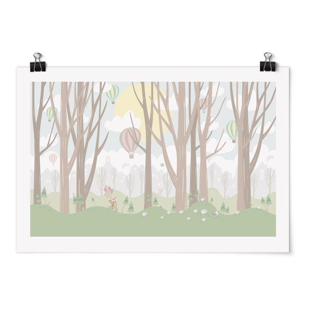 Poster - Sonne mit Bäumen und Heißluftballons - Querformat 2:3