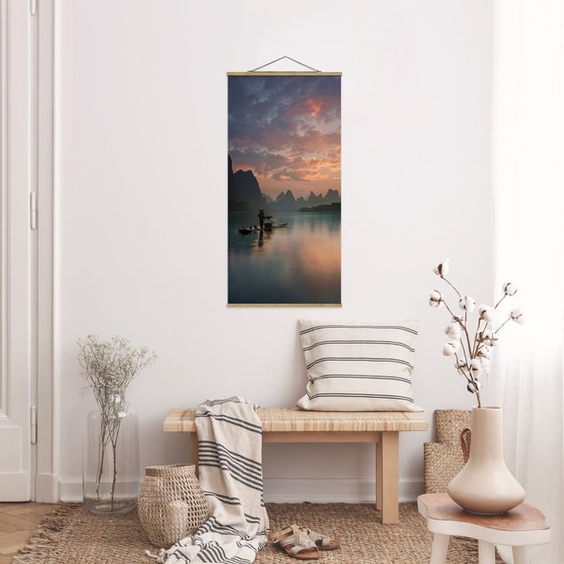 Stoffbilder mit Posterleisten Sonnenaufgang über chinesischem Fluss