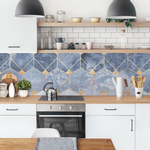 Küchenrückwand - Blaue Geometrie goldenes Art Deco