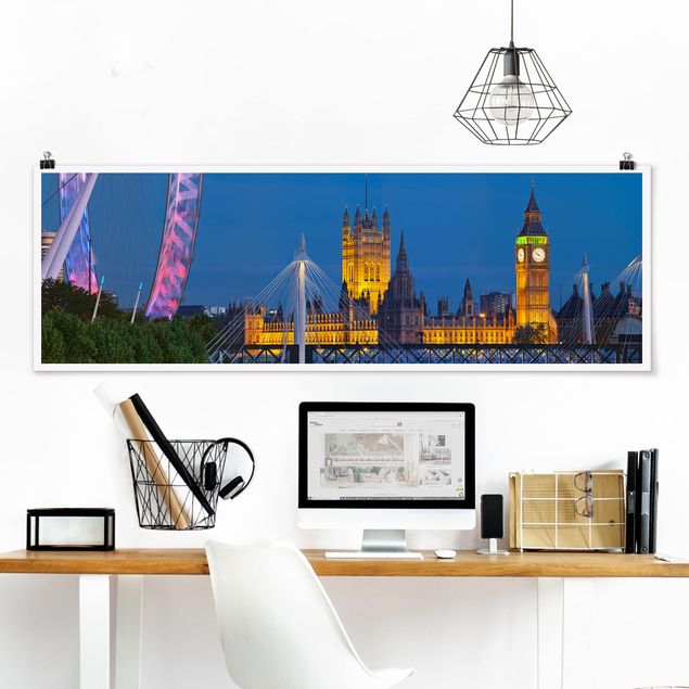 Poster - Big Ben und Westminster Palace in London bei Nacht - Panorama Querformat