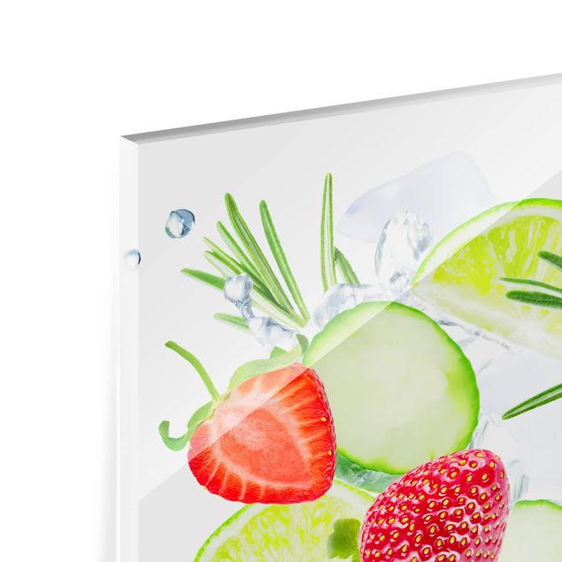 Glas Spritzschutz - Erdbeeren Limetten Eiswürfel Splash - Querformat - 4:3