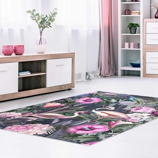 Moderner Teppich Bunte Collage - Pinke Flamingos im Dschungel