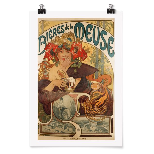 Poster mit Spruch Alfons Mucha - Plakat für La Meuse Bier
