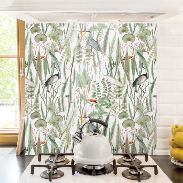Glasrückwand Küche Blumen Flamingos und Störche mit Pflanzen