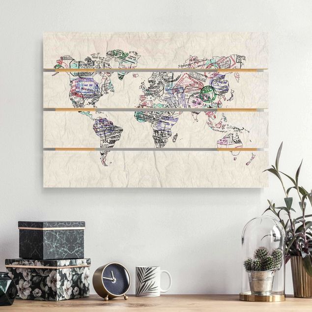 Holzbilder mit Sprüchen Reisepass Stempel Weltkarte
