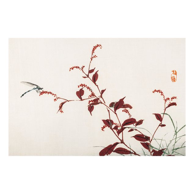 Spritzschutz Glas - Asiatische Vintage Zeichnung Roter Zweig mit Libelle - Querformat - 3:2