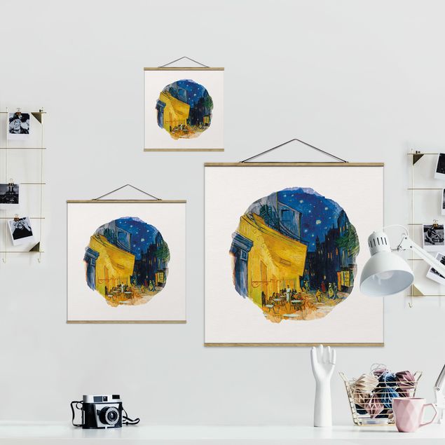 Stoffbild mit Posterleisten - Wasserfarben - Vincent van Gogh - Café-Terrasse in Arles - Quadrat 1:1