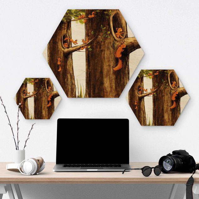 Hexagon Bild Holz - Zuhause der Einhörnchen