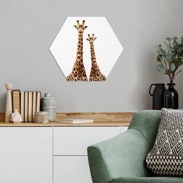 Hexagon Wandbild Portait Zweier Giraffen