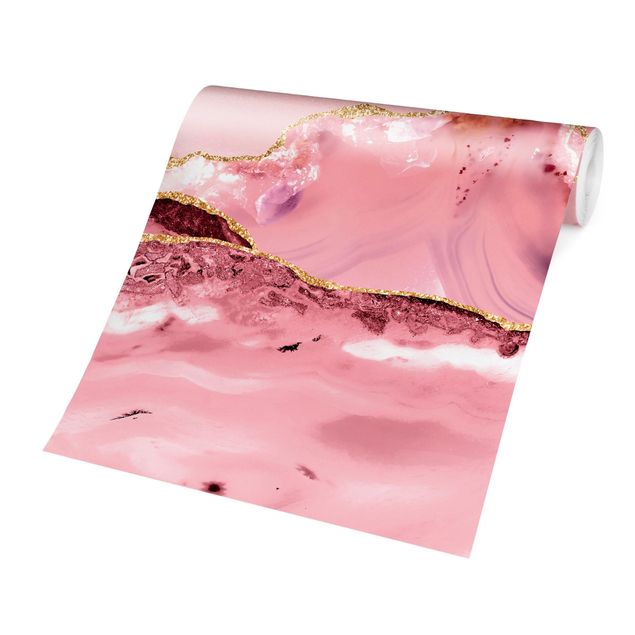 Fototapete - Abstrakte Berge Rosa mit Goldenen Linien