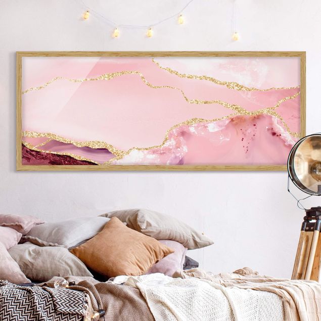Moderne Bilder mit Rahmen Abstrakte Berge Rosa mit Goldenen Linien