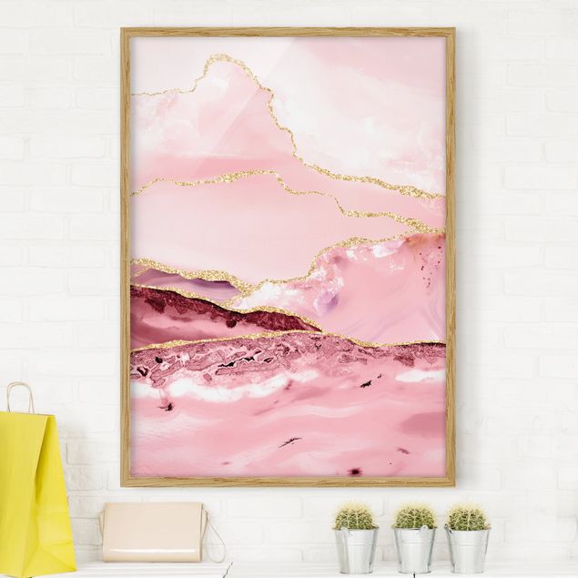 Moderne Bilder mit Rahmen Abstrakte Berge Rosa mit Goldenen Linien