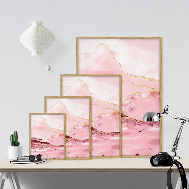 Bilder mit Rahmen Abstrakte Berge Rosa mit Goldenen Linien