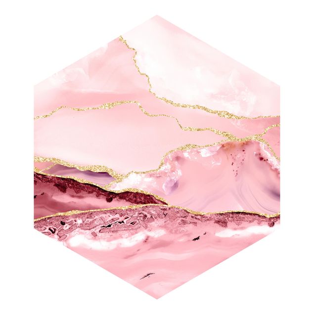 Hexagon Fototapete selbstklebend - Abstrakte Berge Rosa mit Goldenen Linien