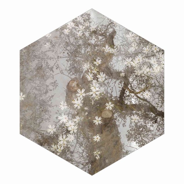 Hexagon Mustertapete selbstklebend - Abstrakter Baum mit Blüten