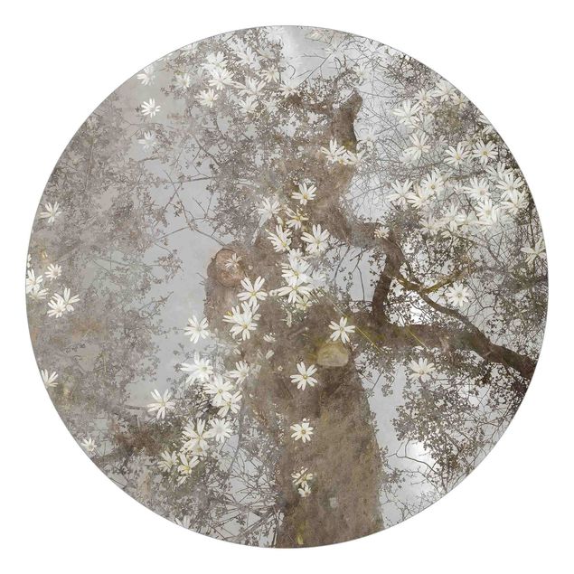 Runde Tapete selbstklebend - Abstrakter Baum mit Blüten