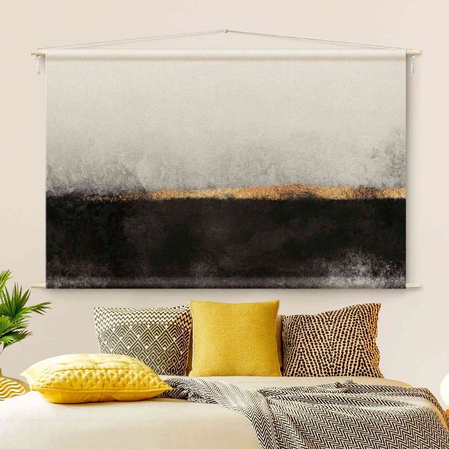 Wandbehang Abstrakter Goldener Horizont Schwarz Weiß