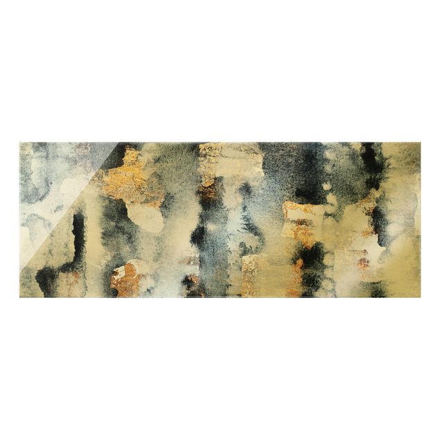 Glasbild - Abstraktes Aquarell mit Gold - Panorama 5:2