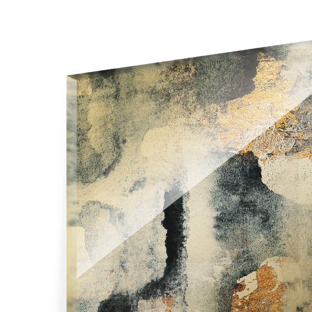 Glasbild - Abstraktes Aquarell mit Gold - Panorama 5:2