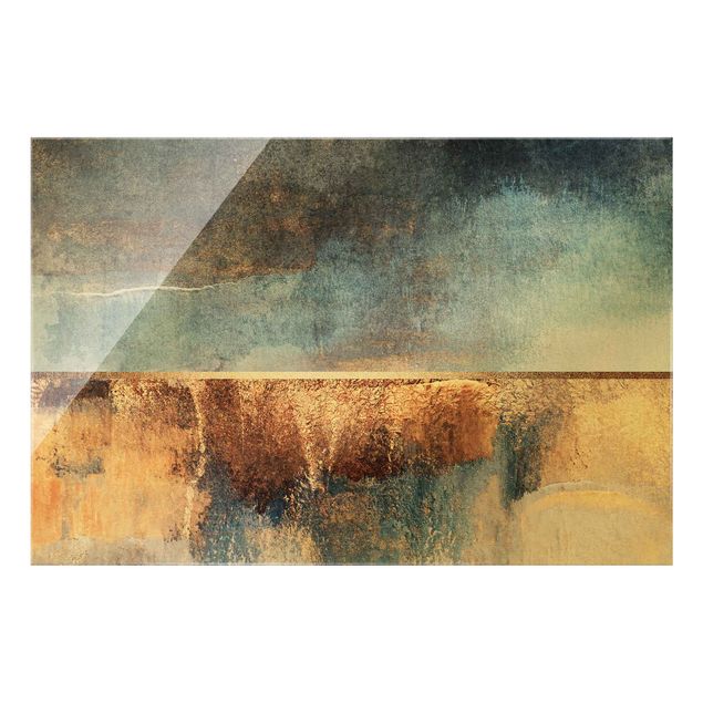 Glasbild - Abstraktes Seeufer in Gold - Querformat 2:3