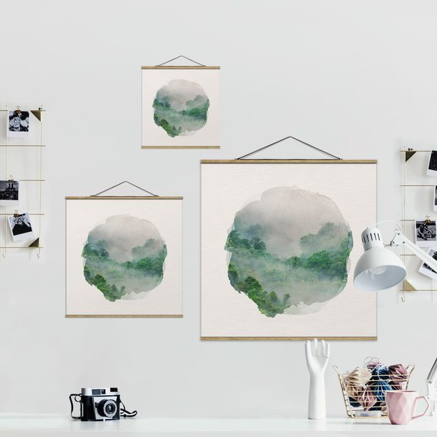 Stoffbild mit Posterleisten - Wasserfarben - Dschungel im Nebel - Quadrat 1:1