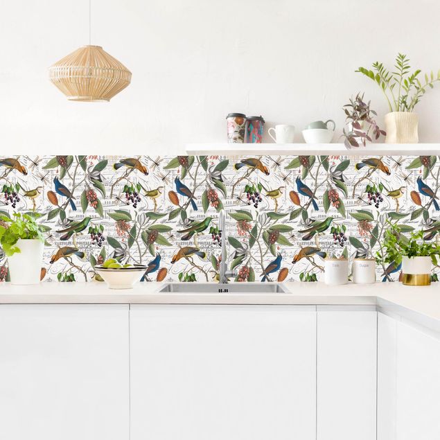 Küchenrückwand selbstklebend Nostalgischer Beerenblues mit Paradiesvögeln