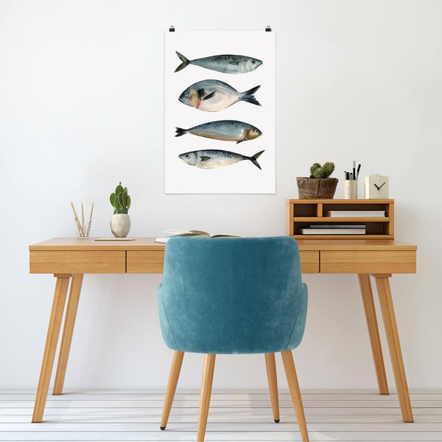 Poster mit Blumen Vier Fische in Aquarell II