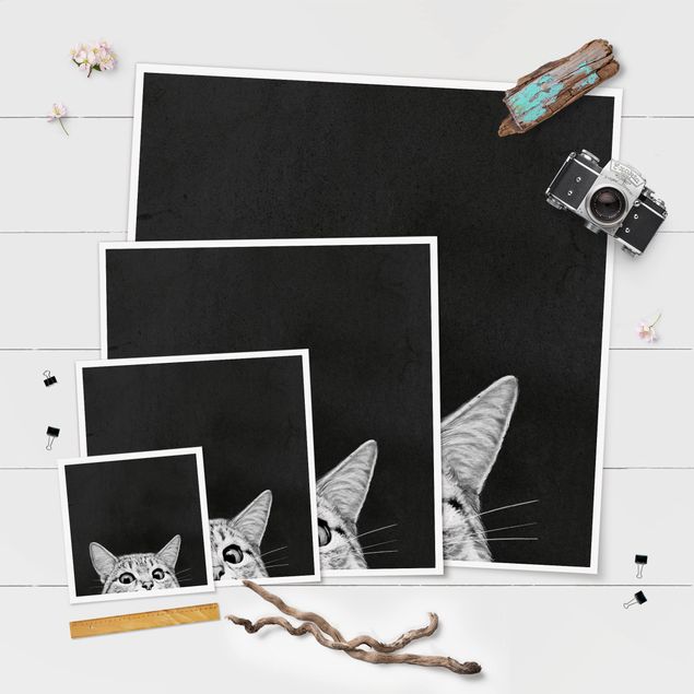 Poster - Illustration Katze Schwarz Weiß Zeichnung - Quadrat 1:1