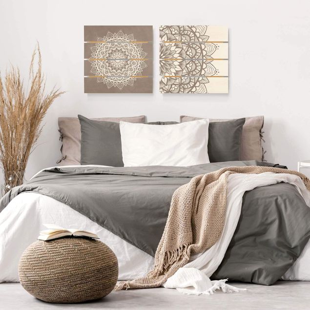 Holzbild 2-teilig - Mandala Illustration shabby Set beige weiß - Quadrate 1:1