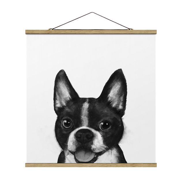 Stoffbild mit Posterleisten - Laura Graves - Illustration Hund Boston Schwarz Weiß Malerei - Quadrat 1:1