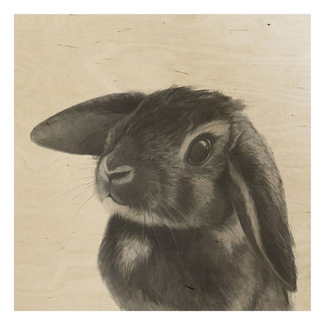 Holzbild - Illustration Hase Schwarz Weiß Zeichnung - Quadrat 1:1