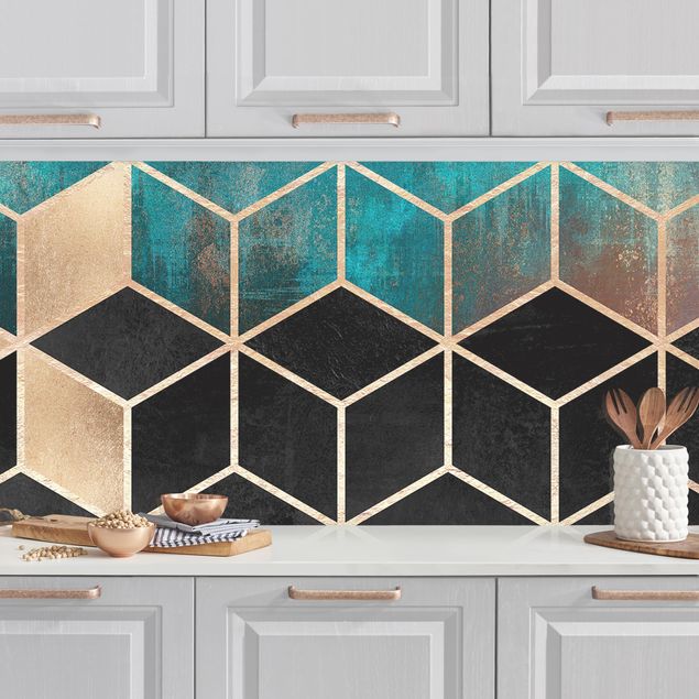 Platte Küchenrückwand Türkis Rosé goldene Geometrie