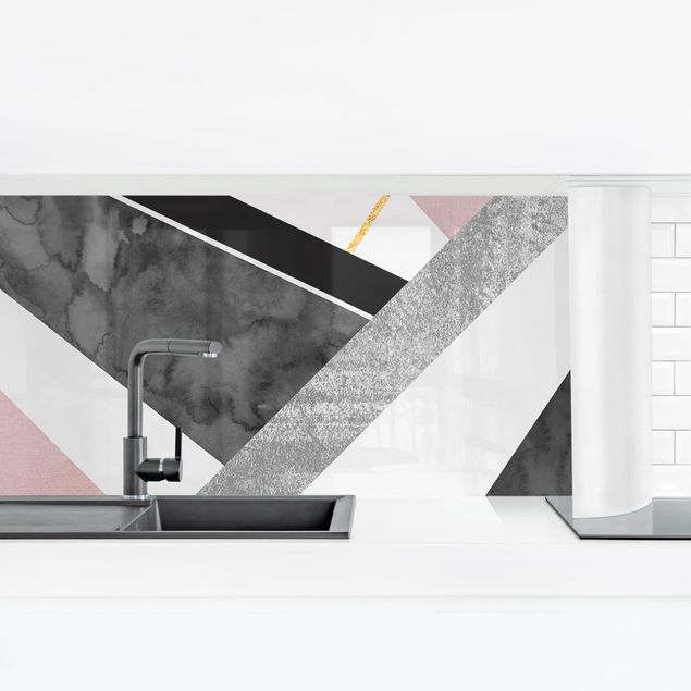 Küchenrückwand selbstklebend Schwarz Weiß Geometrie mit Gold