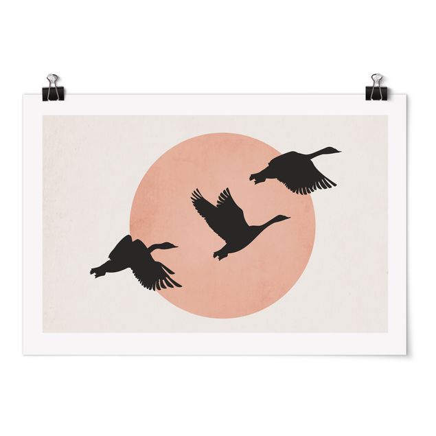 Kubistika Poster Vögel vor rosa Sonne III
