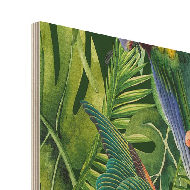 Holzbild - Bunte Collage - Papageien im Dschungel - Panel