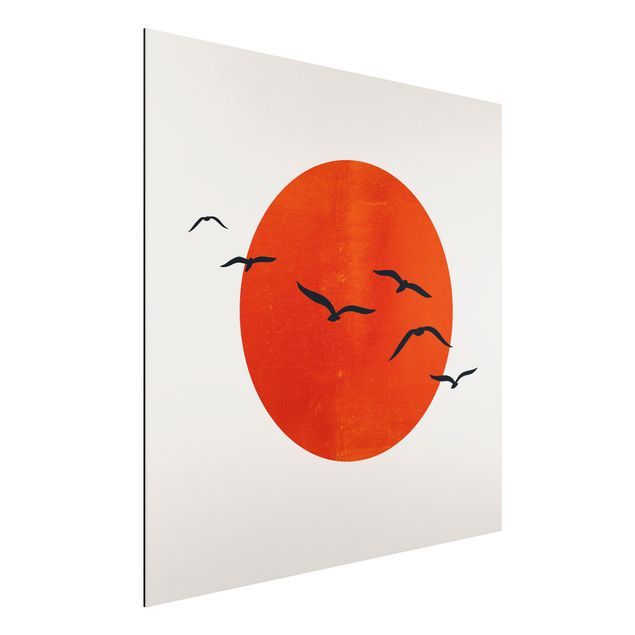 Kubistika Poster Vogelschwarm vor roter Sonne I