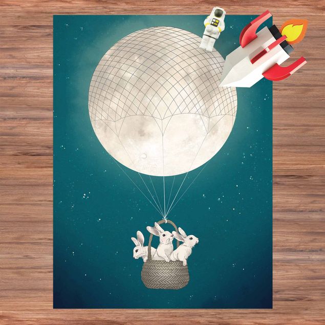 Teppich Balkon Illustration Hasen Mond-Heißluftballon Sternenhimmel