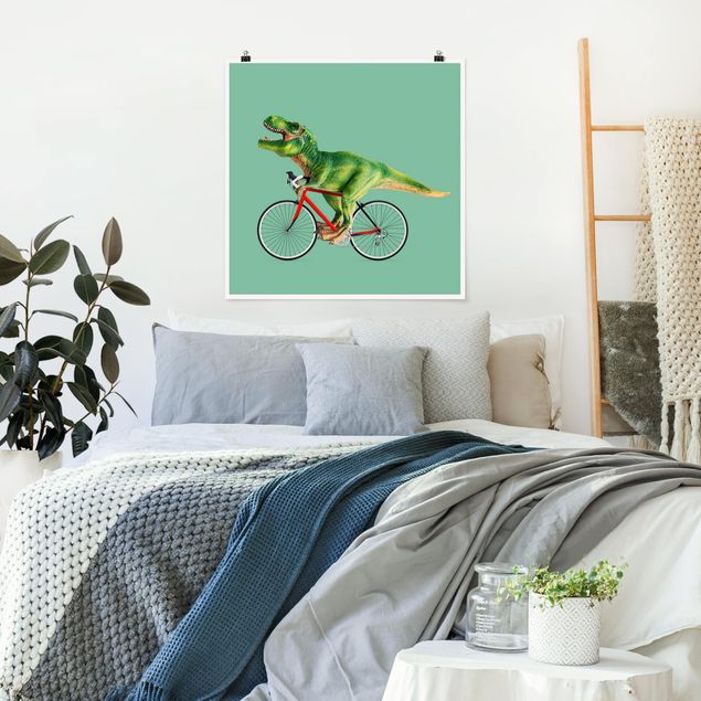 Poster - Jonas Loose - Dinosaurier mit Fahrrad - Quadrat 1:1