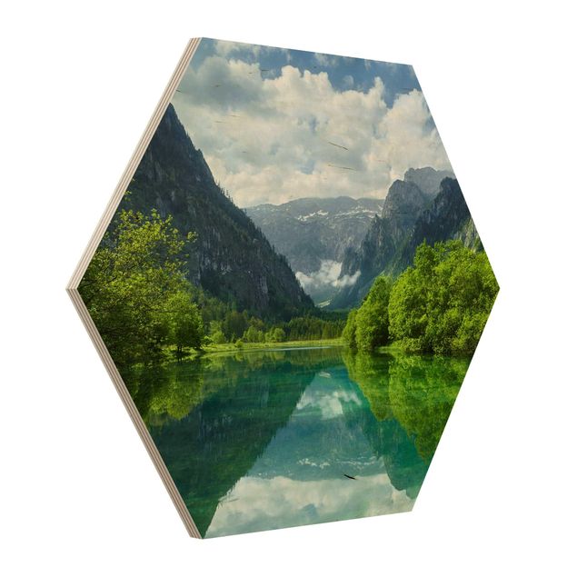 Hexagon Bild Holz - Bergsee mit Spiegelung