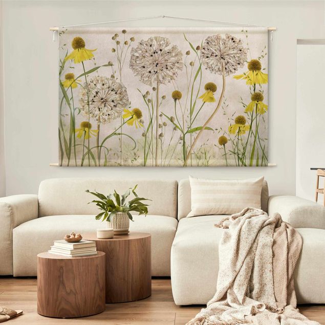 Wandbehang Tuch Allium und Helenium Illustration