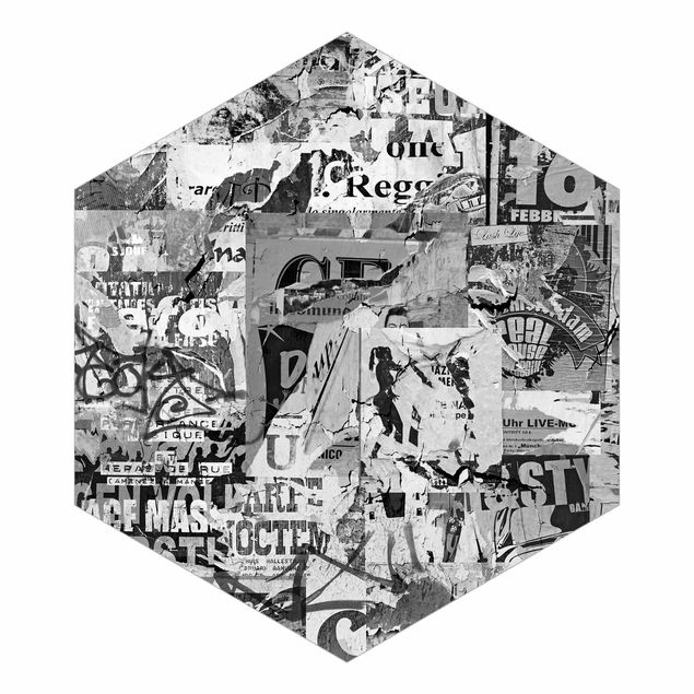Hexagon Mustertapete selbstklebend - Alte Plakatwand II Schwarz-Weiß