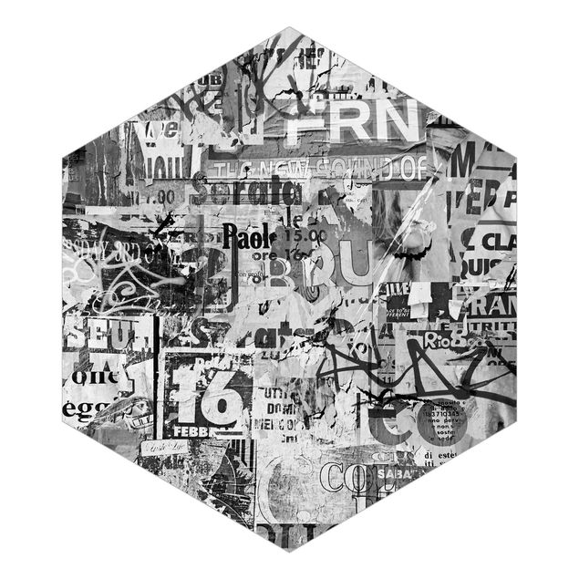 Hexagon Mustertapete selbstklebend - Alte Plakatwand Schwarz-Weiß