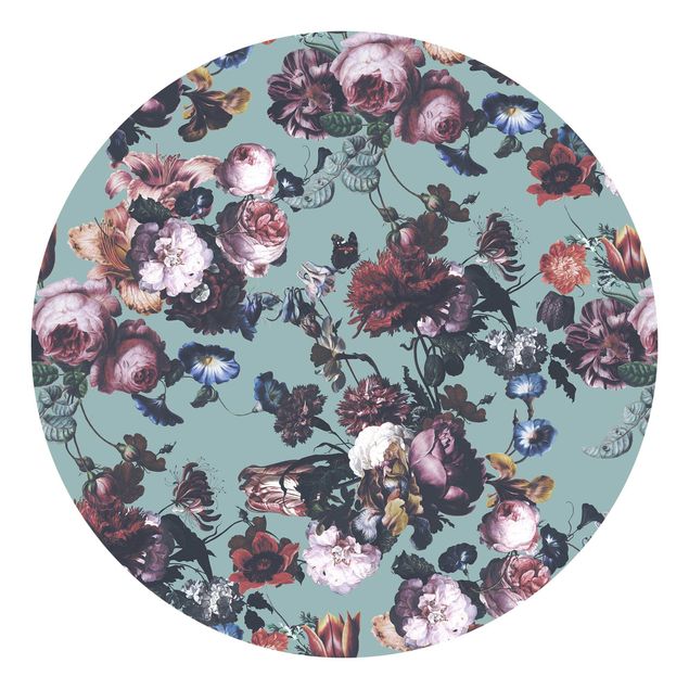 Runde Tapete selbstklebend - Altmeisterliche Blüten mit Tulpen und Rosen auf Blau