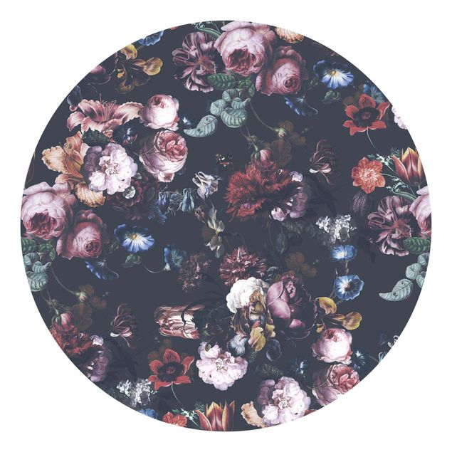 Runde Tapete selbstklebend - Altmeisterliche Blüten mit Tulpen und Rosen auf Dunkelgrau